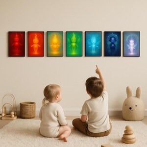 Puede incluir: Siete impresiones artísticas enmarcadas con figuras brillantes y coloridas en fila. Las figuras son en tonos de rojo, naranja, amarillo, verde, azul, índigo y violeta. Dos niños están sentados en una alfombra blanca, mirando la obra de arte. También se ve un juguete de madera y una cesta de mimbre.