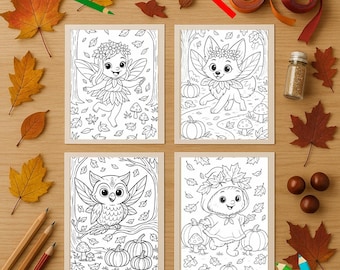May include: Four coloring pages with autumn-themed illustrations of a fairy, fox, owl, and bear. The images are surrounded by fall leaves, pencils, ribbon, and other decorative items. The illustrations are in black and white.