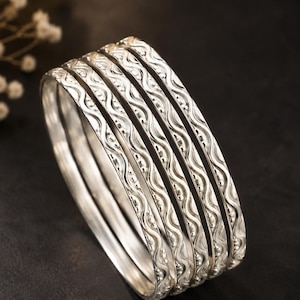 Vintage Style Silver Bangle Set of 5, Decorative Stacking Bracelet, Boho Gift for Her