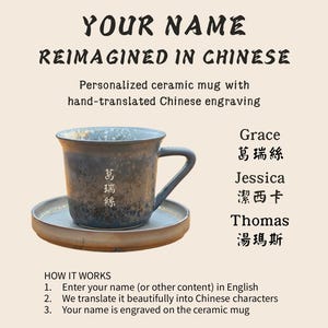 May include: A personalized ceramic mug with hand-translated Chinese engraving. The mug is dark blue with a handle and sits on a matching saucer. Text on the mug and the image reads "Your Name Reimagined in Chinese."