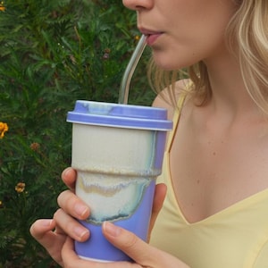 Handcrafted Stoneware Tumbler with Lid | Lavender Blue Pine Needle Glaze, 21oz