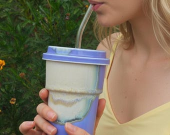Handcrafted Stoneware Tumbler with Lid | Lavender Blue Pine Needle Glaze, 21oz