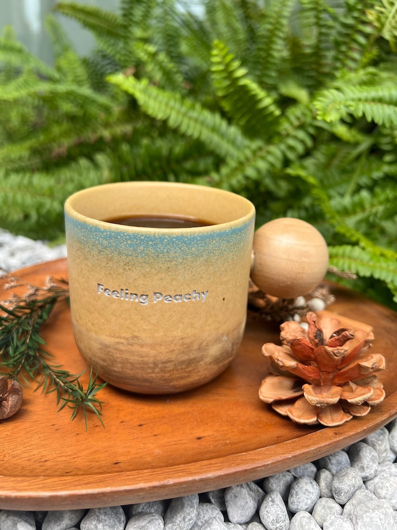 May include: A ceramic mug with a gradient design, transitioning from tan to blue, filled with dark liquid. The mug has the text "Feeling Peachy" and sits on a wooden tray with a pine cone and a wooden ball. Ferns and small rocks are in the background.