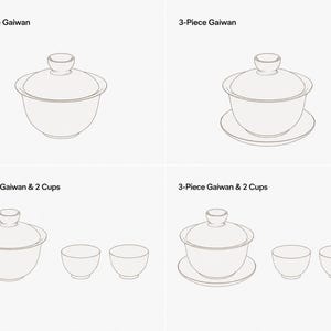 May include: A four-part diagram showing tea sets: a 2-piece gaiwan, a 3-piece gaiwan, a 2-piece gaiwan with 2 cups, and a 3-piece gaiwan with 2 cups. Each set features a lidded bowl with a knob handle, with some sets including a saucer and small cups.