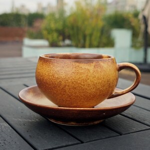 May include: A speckled, brown ceramic teacup and saucer set. The cup has a rounded shape with a handle, and the saucer is a matching color. The set is placed on a dark wooden surface, with a blurred outdoor background.