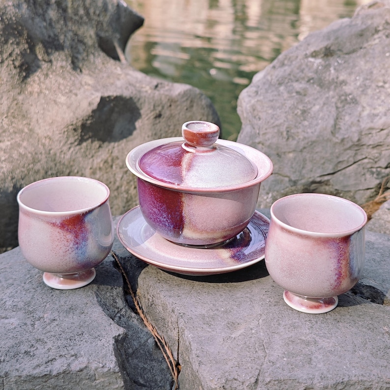 Jingdezhen Handmade Galaxy Glaze Gaiwan: Purple Ceramic Gongfu Teaware Tea Sets with cups image 3