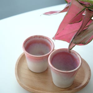 May include: Two small, ceramic cups with a gradient of white to pink, resting on a round wooden tray. The cups are next to a plant with large, pink leaves. The scene is set on a white surface.