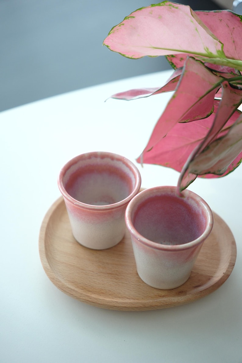 May include: Two small, ceramic cups with a gradient of white to pink, resting on a round wooden tray. The cups are next to a plant with large, pink leaves. The scene is set on a white surface.