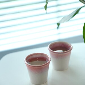 May include: Two small ceramic cups with a gradient pink and white design. The cups are filled with a clear liquid. The cups are on a white surface, with a plant in the background.