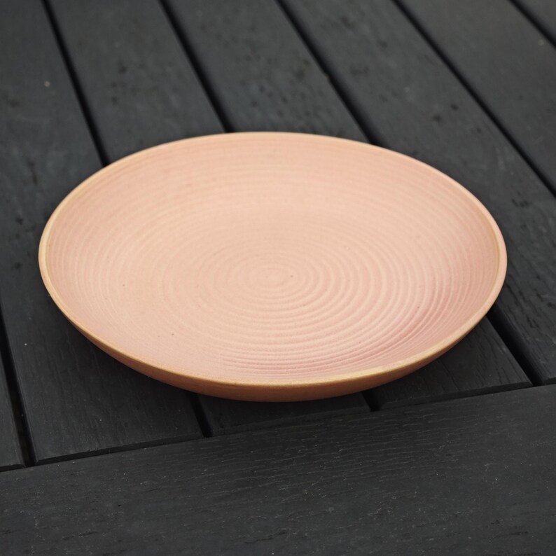 May include: A round, blush-colored ceramic plate with a textured, concentric circle design. The plate has a slightly raised rim and a warm, earthy tone, suitable for serving food.