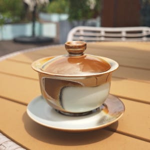 May include: A ceramic tea bowl with a matching lid and saucer, featuring a glossy glaze in shades of brown, cream, and white. The bowl has a wide rim and a small knob on the lid, with a smooth, rounded shape and a blended, multi-coloured finish.