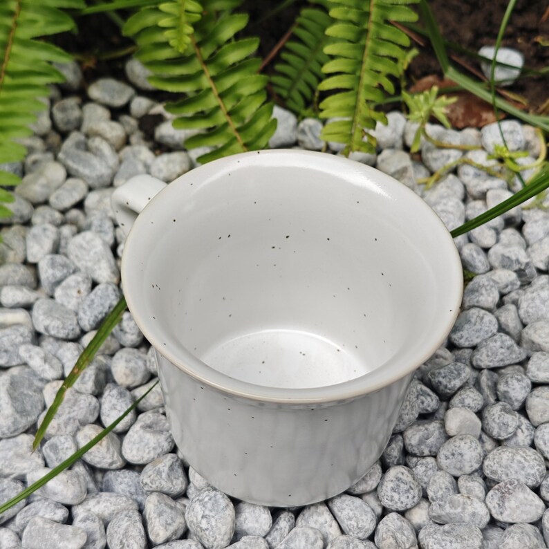 May include: A white ceramic mug with a speckled interior and a textured exterior. The mug has a handle and sits on a bed of small grey stones, with green foliage in the background.