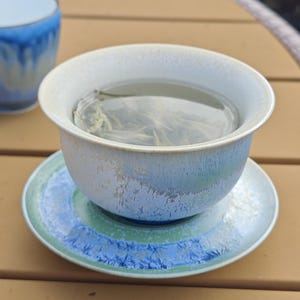 May include: A ceramic tea cup and saucer set with a light blue and white glaze. The cup is filled with clear tea and tea leaves. The saucer has blue and green concentric circles. Another blue cup is in the background.