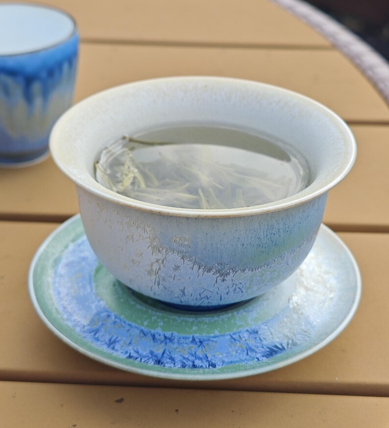 May include: A ceramic tea cup and saucer set with a light blue and white glaze. The cup is filled with clear tea and tea leaves. The saucer has blue and green concentric circles. Another blue cup is in the background.