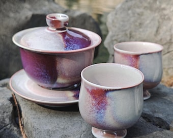 Jingdezhen Handmade Galaxy Glaze Gaiwan: Purple Ceramic Gongfu Teaware Tea Sets with cups