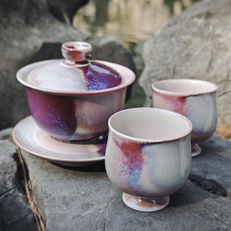 Jingdezhen Handmade Galaxy Glaze Gaiwan: Purple Ceramic Gongfu Teaware Tea Sets with cups image 1