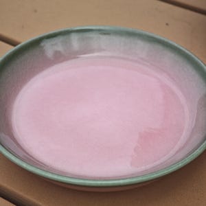 Puede incluir: Un plato redondo de cer&aacute;mica que presenta un centro de color rosa claro brillante y suave que transiciona hacia un borde de color verde salvia apagado. La superficie tiene un acabado esmaltado reflectante con variaciones.