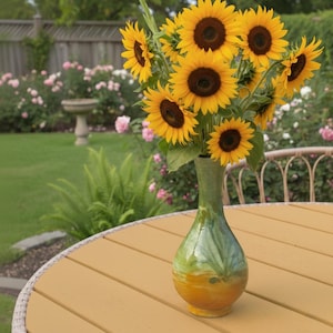 May include: A bouquet of sunflowers in a green and yellow vase. The sunflowers have bright yellow petals and dark brown centers. The vase is on a round, light brown table. The background shows a garden with a fence and rose bushes.