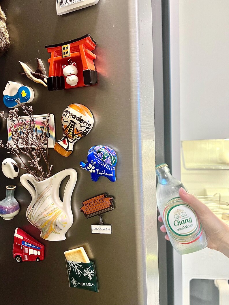 Op de afbeelding: Een verzameling kleurrijke koelkastmagneten, waaronder een rode dubbeldekkerbus, een Japanse torii-poort met een kat en een blauwe olifant. Een fles Chang Soda Water wordt in de hand gehouden.