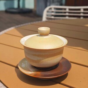 Jingdezhen Handmade Jupiter Glaze Gaiwan: Beige Galaxy Porcelain Gongfu Tea Set, 130ml image 5