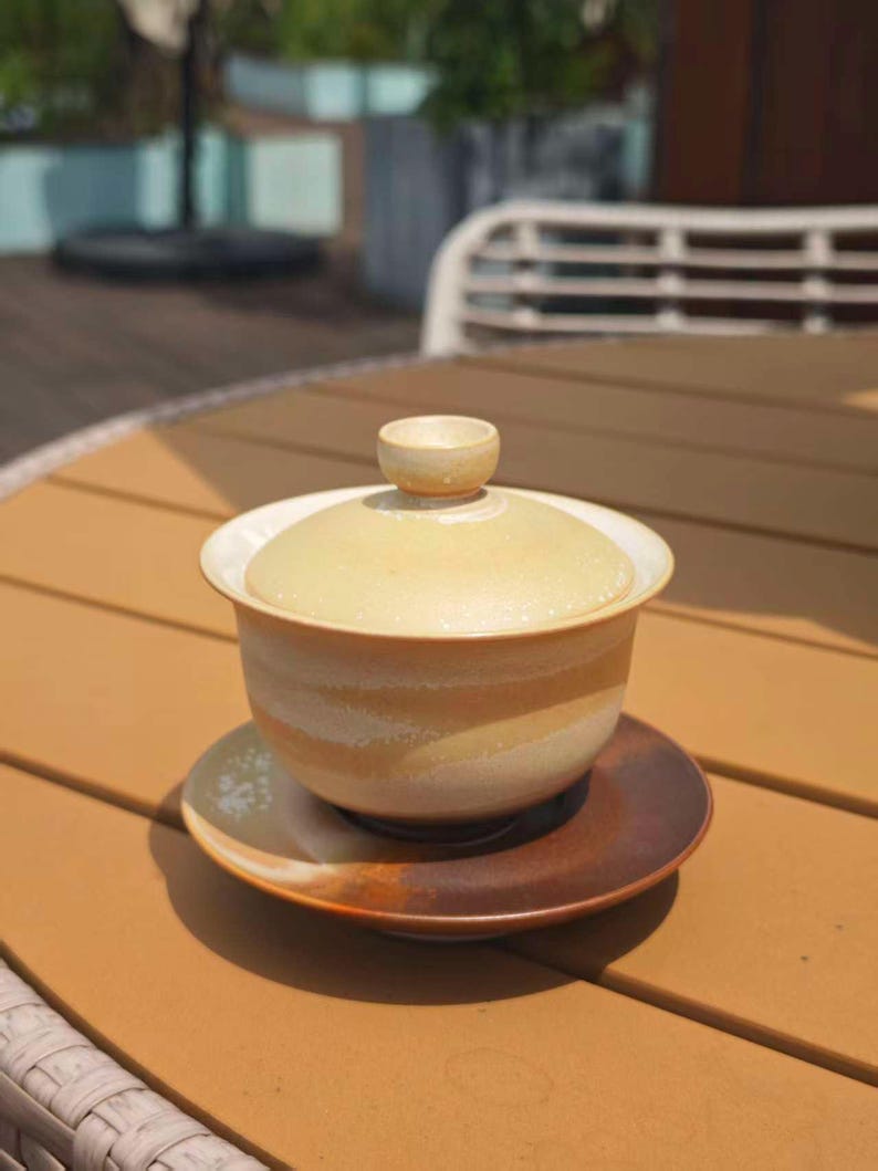 Jingdezhen Handmade Jupiter Glaze Gaiwan: Beige Galaxy Porcelain Gongfu Tea Set, 130ml image 5