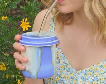 Jingdezhen Hand-Painted Pine-needle Glaze Tumbler | Blue & Lavender Ceramic Iced Coffee Cup with Lid 20oz
