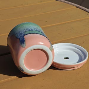 Pu&ograve; includere: Un vaso di ceramica con il suo sottovaso abbinato. Il vaso &egrave; rosa tenue con una parte superiore smaltata blu e verde. Il sottovaso &egrave; bianco con un bordo rosa e un foro di drenaggio.
