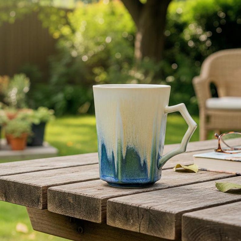 May include: A ceramic mug with a unique handle design. The mug features a cream-colored top that transitions to a yellow and blue base. The handle has a geometric shape. The mug is sitting on a wooden table outdoors.