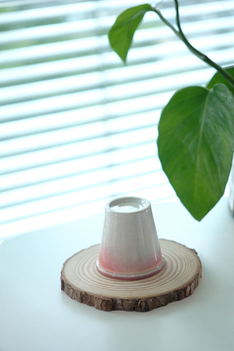 May include: A ceramic cup with a gradient pink and beige finish, resting upside down on a round wooden coaster. The coaster is made from a cross-section of a tree trunk. A green plant is in the background.