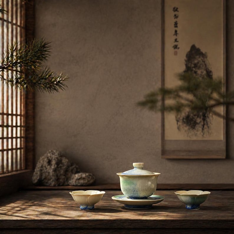 May include: A serene still life featuring a traditional tea set. The set includes a lidded tea bowl, two small cups, and a saucer, all with a blue and green watercolor design. The scene is set on a wooden table with natural light.