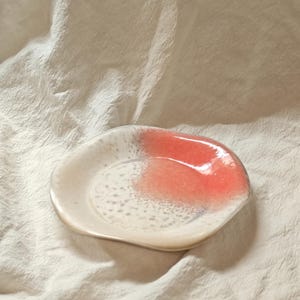 May include: A small, irregularly shaped ceramic plate with a speckled off-white base and a vibrant coral-colored accent. The plate's design is organic and modern, suitable for serving small portions or as a decorative piece.