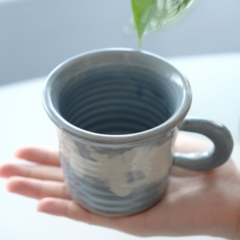 May include: A ceramic mug with a grey and white glaze. The mug has a rounded handle and a textured, ridged interior. The mug is held in a hand, with a green leaf in the background.