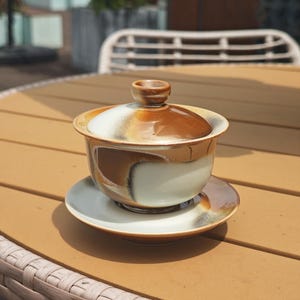 May include: A ceramic tea bowl with a matching lid and saucer, featuring a glazed finish with swirling patterns of brown, cream, and dark grey. The bowl has a wide rim and a small knob on the lid, showcasing a smooth, reflective surface throughout.
