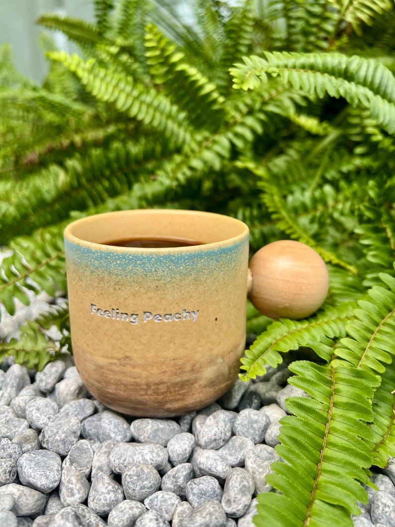 May include: A ceramic mug with a light brown base and a blue-green ombre top, filled with a dark liquid. The mug has a wooden ball handle and the words "Feeling Peachy" are printed on the side. The mug is surrounded by green ferns and gray stones.