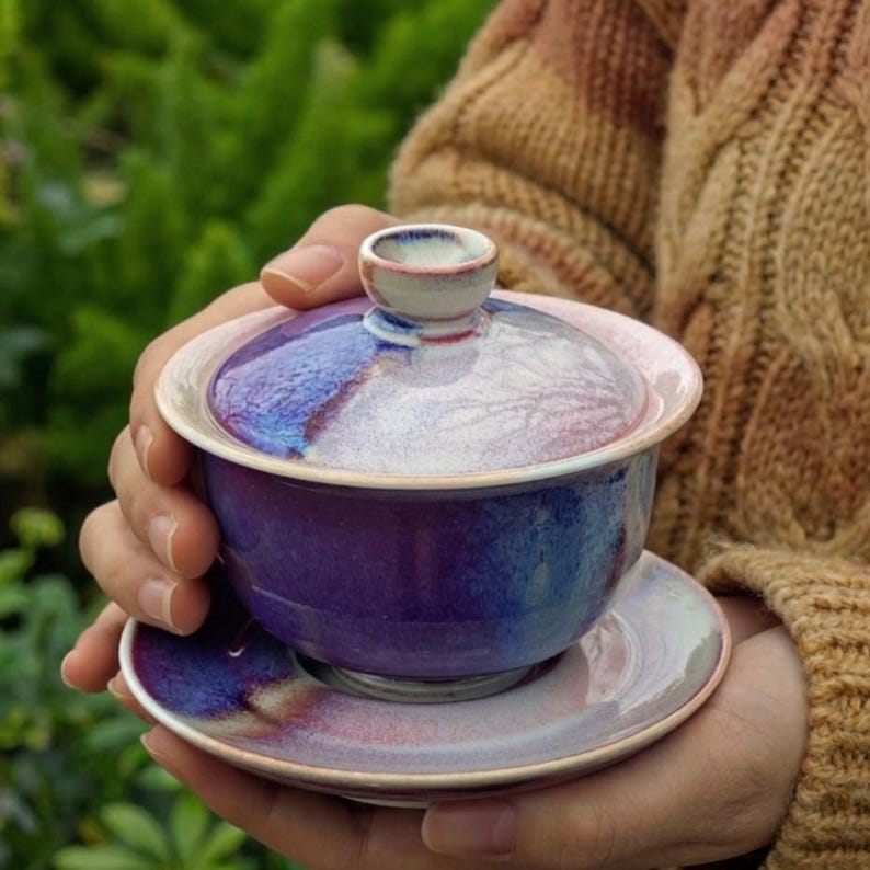 Jingdezhen Handmade Galaxy Glaze Gaiwan: Purple Ceramic Gongfu Teaware Tea Sets with cups image 2