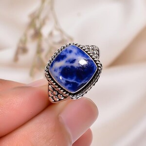 Natural Blue Sodalite Ring Deep Blue Ring 925 Sterling Silver Ring Handmade Ring, Statement Ring Birthday Anniversary Gift for Her Cushion.
