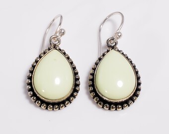 Lemon Chrysoprase Sterling Silver Dangle Earrings, Oxidized Bohemian Gemstone (7g)