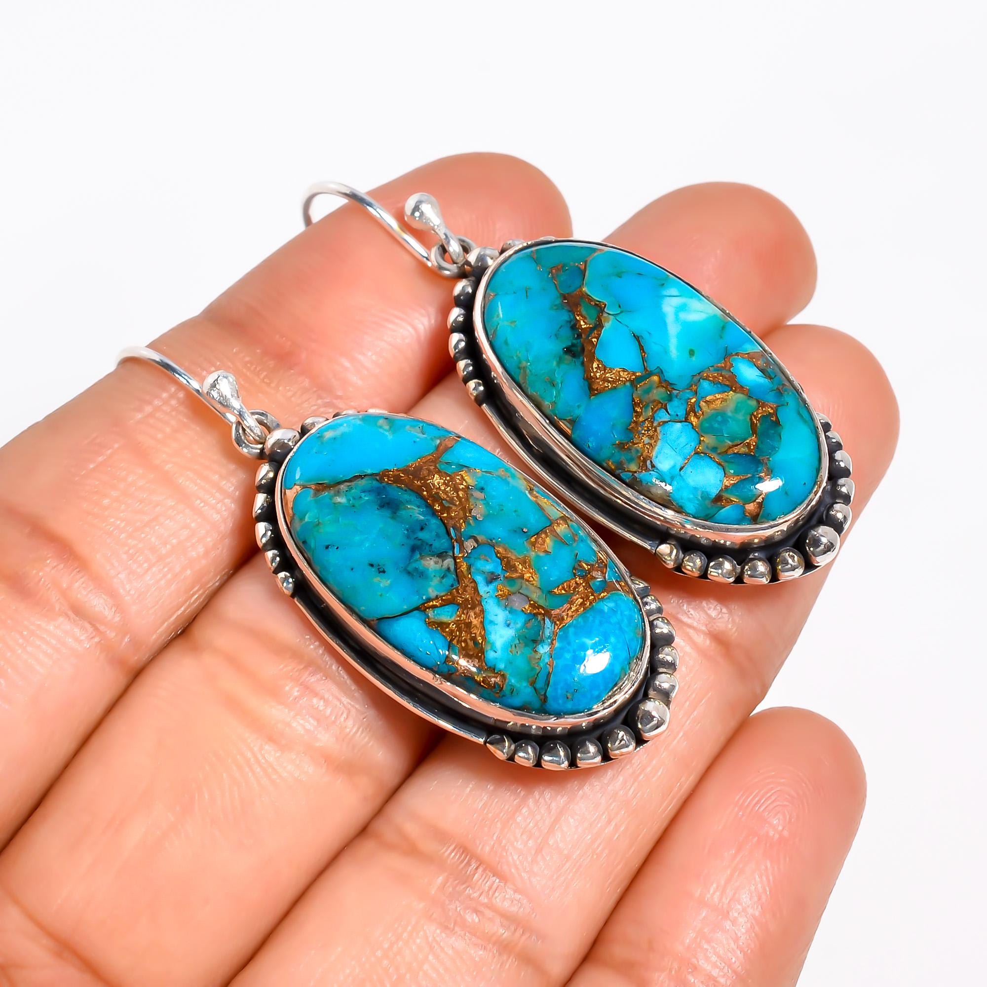 ブルーコッパーターコイズダングルイヤリング：スターリングシルバーの