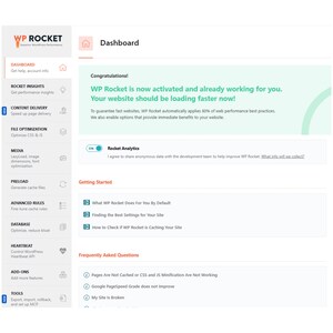 May include: A digital dashboard interface for WP Rocket software, featuring a sidebar menu with options like Rocket Insights, Content Delivery, and File Optimization. The main area displays a congratulations message confirming activation.