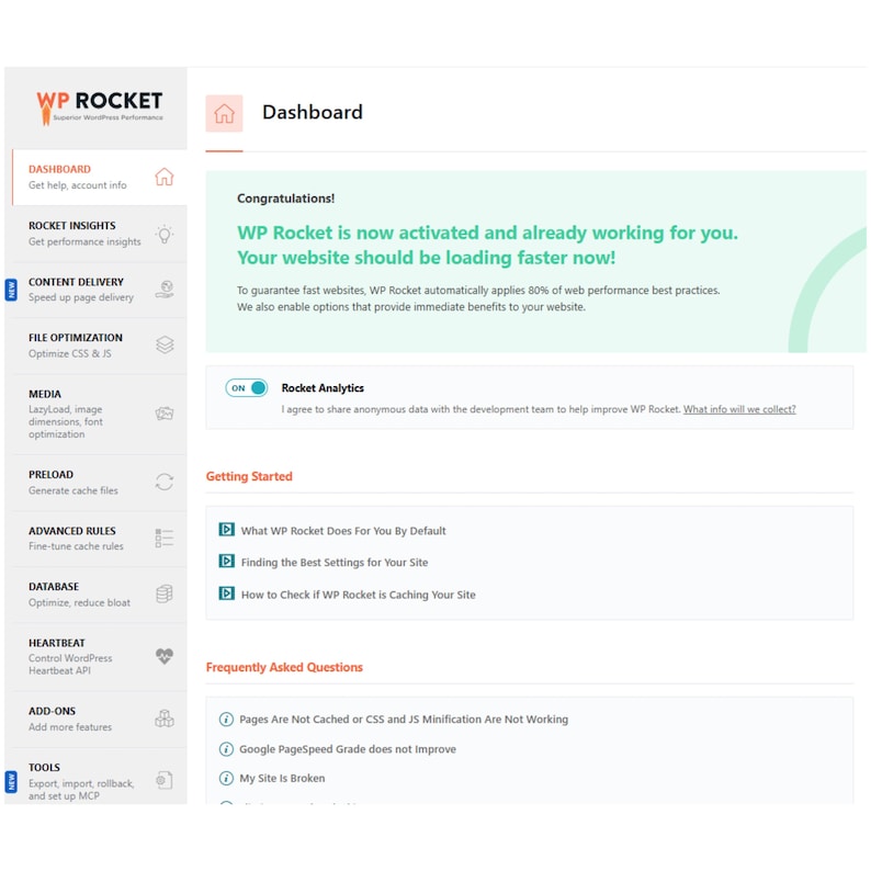 May include: A digital dashboard interface for WP Rocket software, featuring a sidebar menu with options like Rocket Insights, Content Delivery, and File Optimization. The main area displays a congratulations message confirming activation.