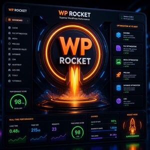 May include: A dark-themed digital dashboard for WP Rocket software displaying performance metrics, optimisation settings, and a central glowing orange rocket icon. The interface features a 98/100 performance score, real-time load time of 0.48s, and various active optimisation modules.