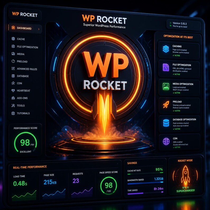 May include: A dark-themed digital dashboard for WP Rocket software displaying performance metrics, optimisation settings, and a central glowing orange rocket icon. The interface features a 98/100 performance score, real-time load time of 0.48s, and various active optimisation modules.