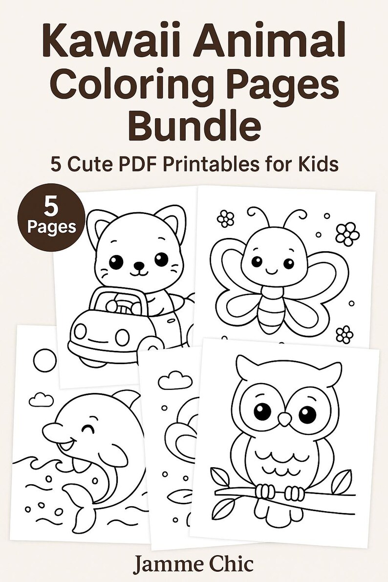 Kawaii Animal Coloring Pages Bundle – 5 Cute PDF Printables for Kids - Etsy