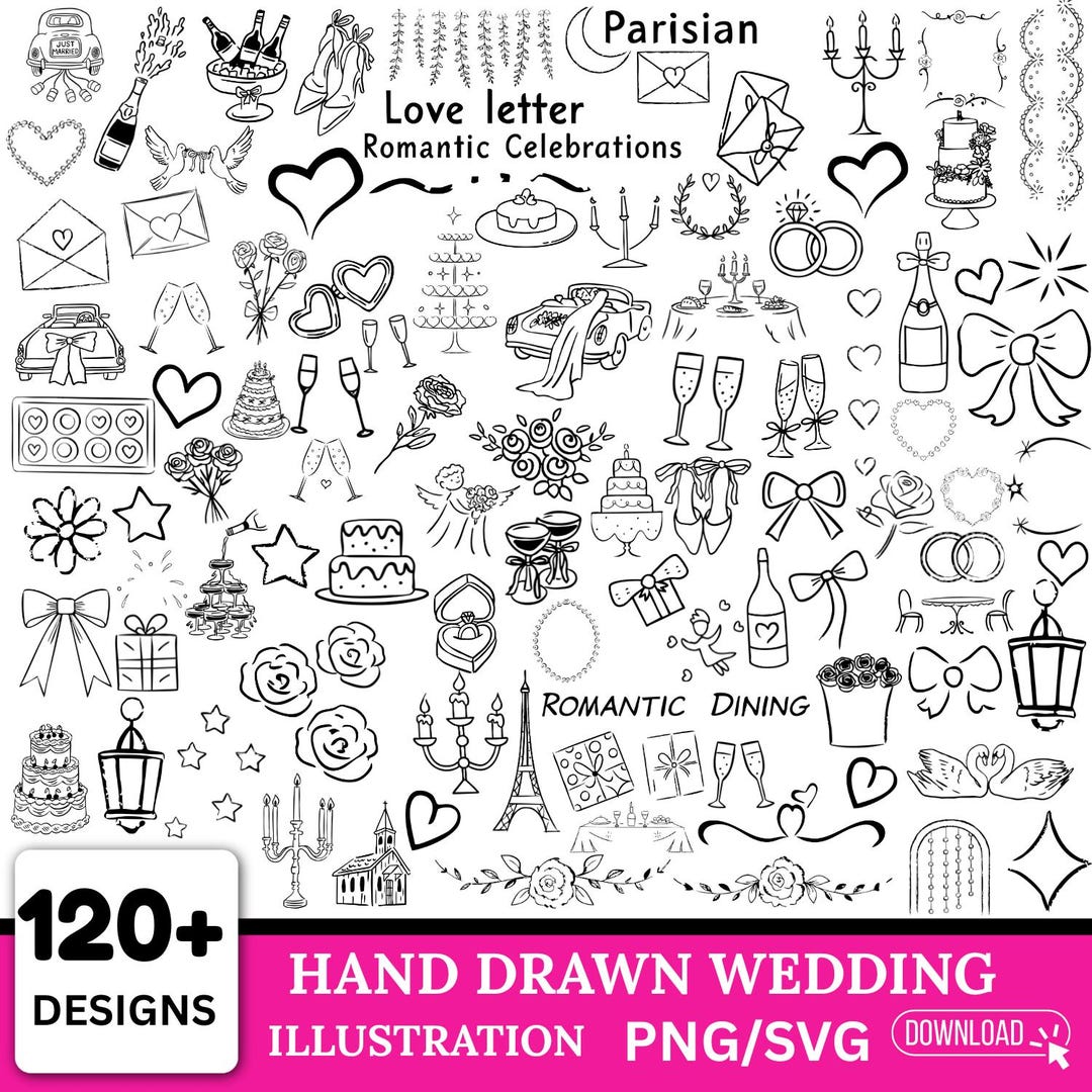 Hand Drawn Wedding Doodle Clipart Bundle, PNG SVG (digital Download ...