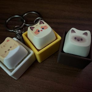 Może przedstawiać: Trzy breloki z motywem kota w białych, żółtych i brązowych kwadratowych uchwytach, przymocowane do srebrnego breloka. Każdy klawisz ma inny wzór twarzy kota. Na ciemnej drewnianej powierzchni.
