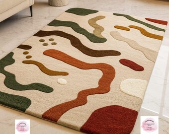 Tappeto beige rosa verde astratto con contorno annodato a mano per soggiorno di lusso, cameretta dei bambini