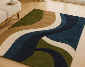 Hand-Tufted Wool Rug – Retro Abstract Sculptural Design for Living Room, Bedroom