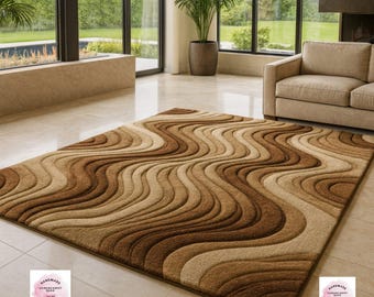Modern Wavy Abstract Rug in Beige & Brown – Luxury Handmade Living Room Carpet