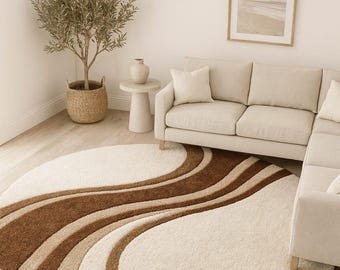 Hand-Tufted Abstract Wave Round Rug – Cream, Brown Wool Cotton Blend
