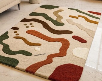 Hand Tufted Wool Rug, Abstract Organic Earthy Boho Living Room Carpet